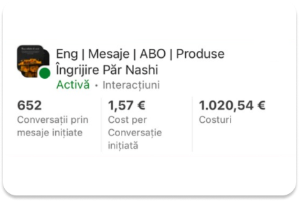 Campanie Meta — 652 conversații la 1,57 € fiecare